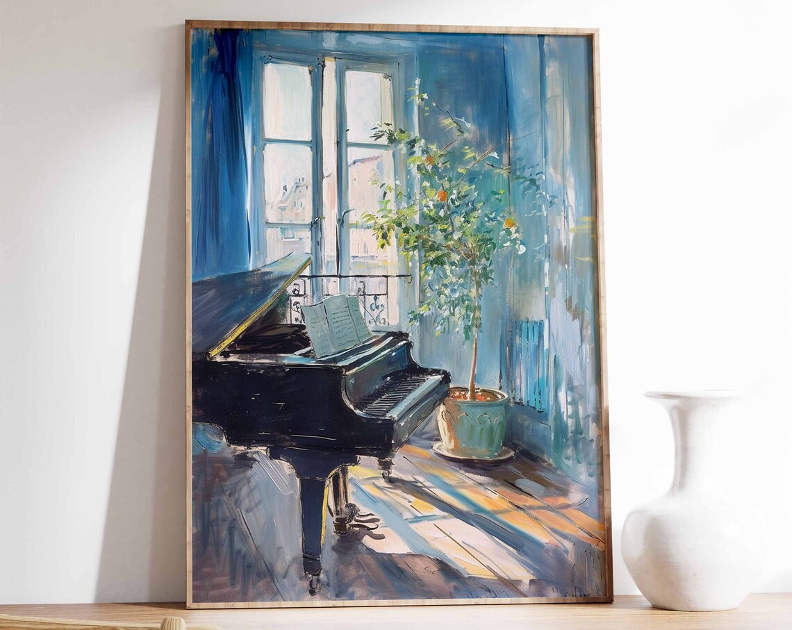 Grand Piano Sunlit Blue Room Oil Painting Music Decor Poster