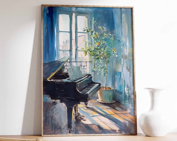 Grand Piano Sunlit Blue Room Oil Painting Music Decor Poster