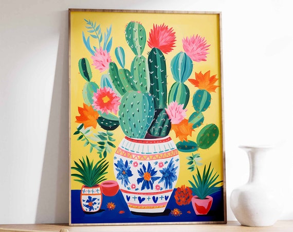 Mexican Cactus Bloom Folk Art Botanical Wall Decor Art Poster