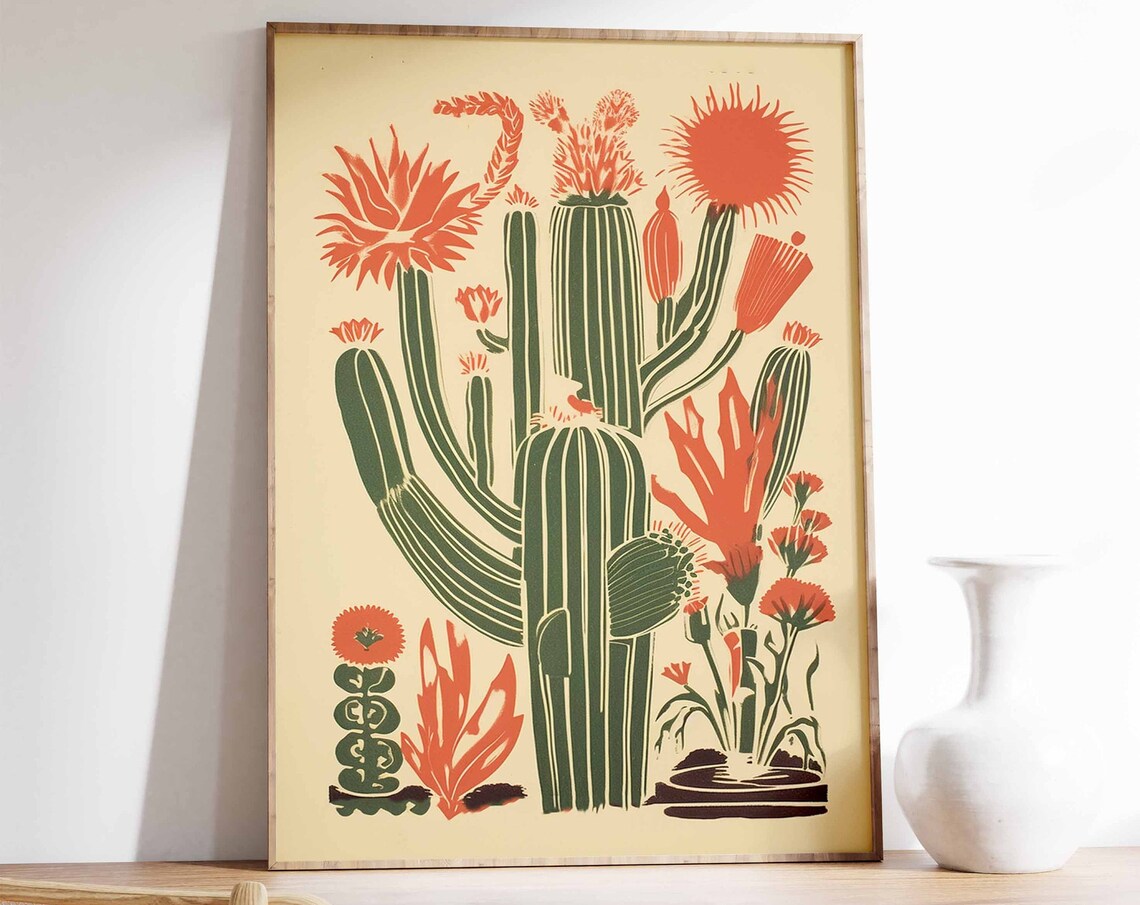 Mexican Cactus Bloom Botanical Art Print Vintage Southwest Decor