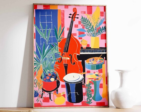 Colorful Jazz Instruments Double Bass Piano Still Life Art Poster