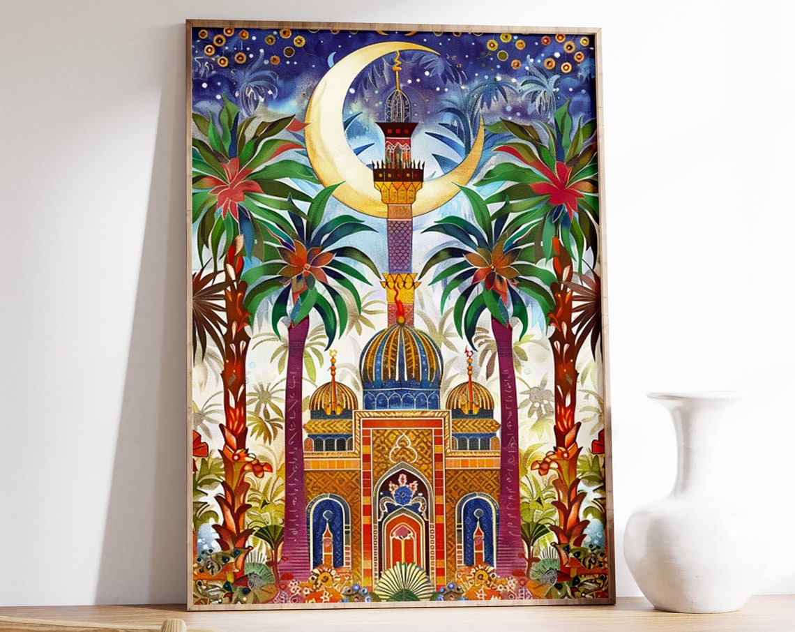 Islamic Mosque Minaret Crescent Moon Night Art Print Festive Decor