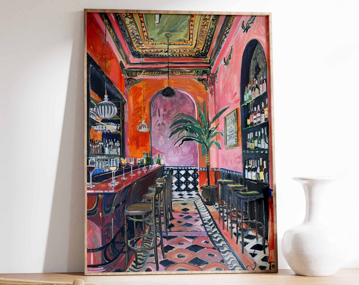 Ornate Pink Bar Interior Patterned Tile Floor Palm Plant Scene Art Poster