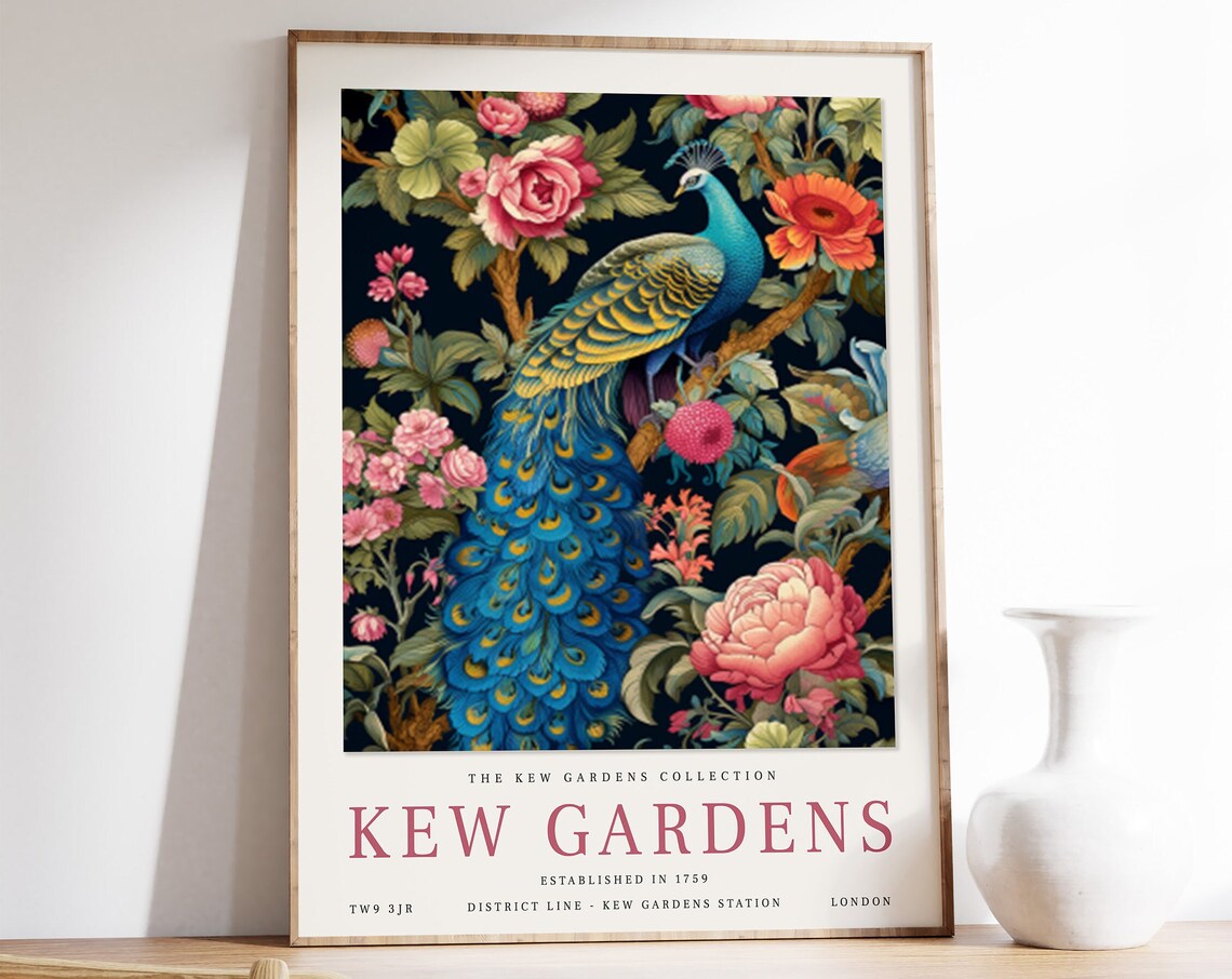 Kew Gardens London Peacock Among Flowers Botanical Art Poster