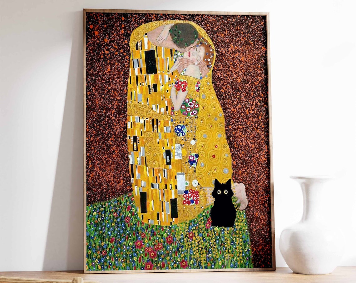 Gustav Klimt Cat Print, The Kiss-Inspired Art Print
