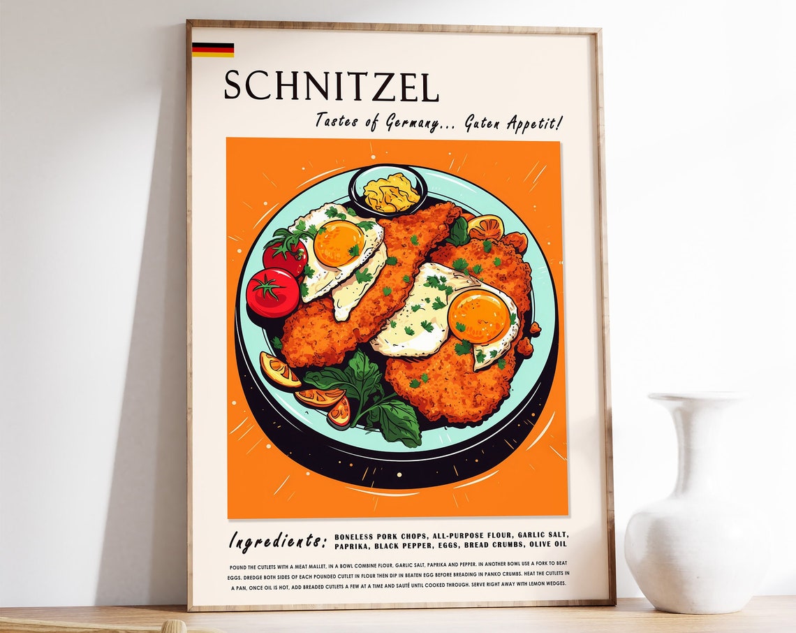 German Schnitzel Illustrated Food Print Kitchen Recipe Wall Decor