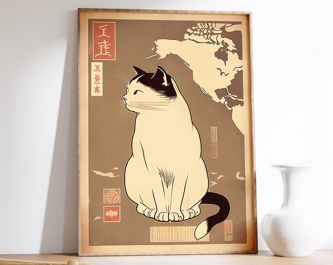 Vintage Japanese Cat Ukiyo-e Style Black and White Art Poster