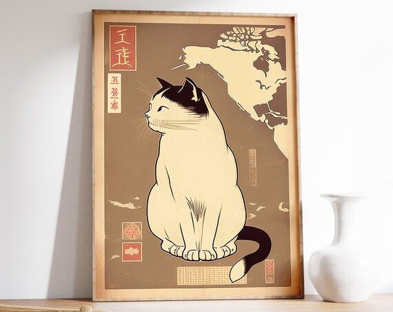 Vintage Japanese Cat Ukiyo-e Style Black and White Art Poster