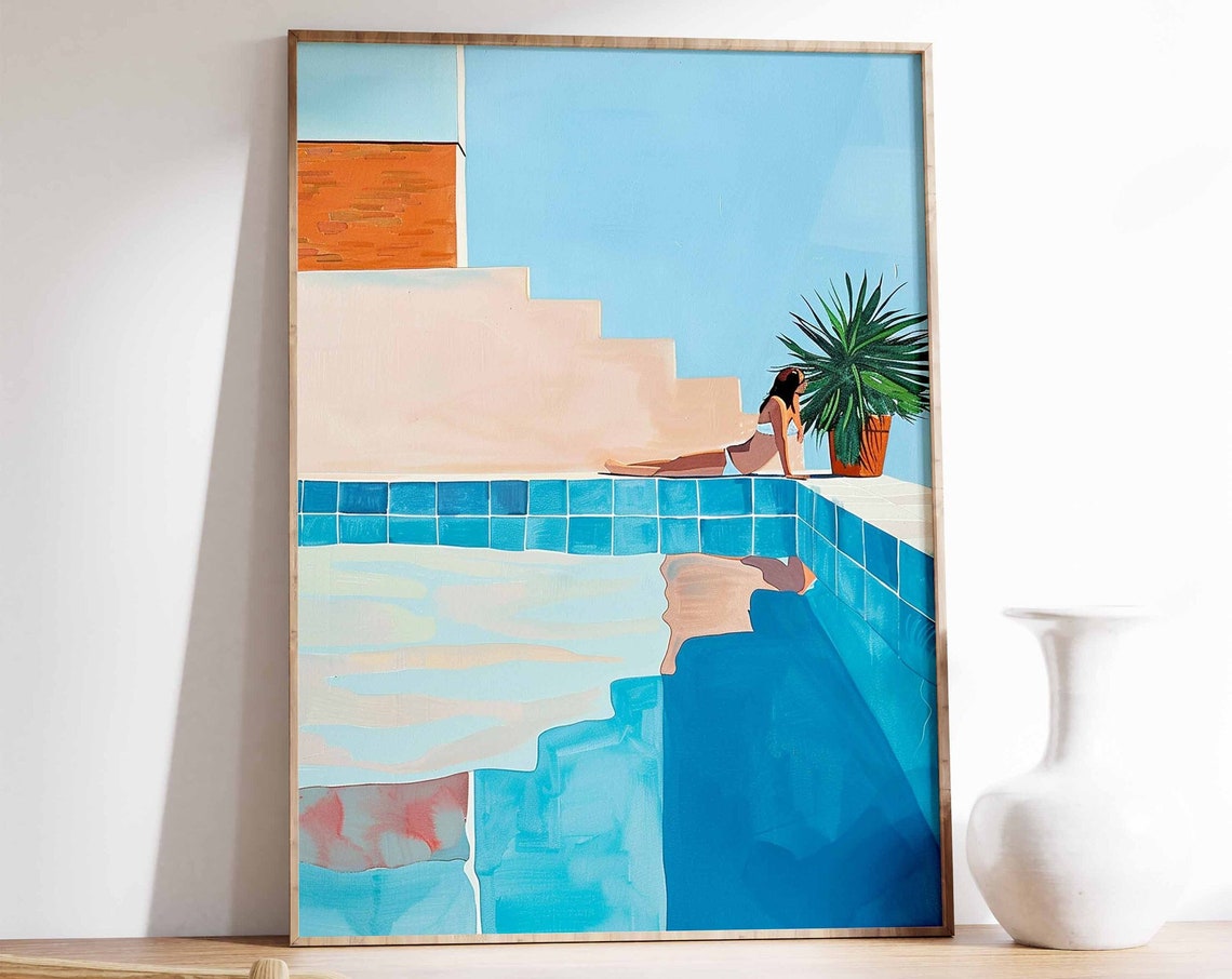 Woman Lounging Blue Tiled Pool Painted Summer Leisure Poster