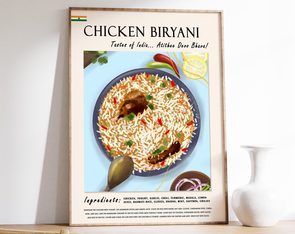 Chicken Biryani Indian Recipe Poster with Ingredients List Art