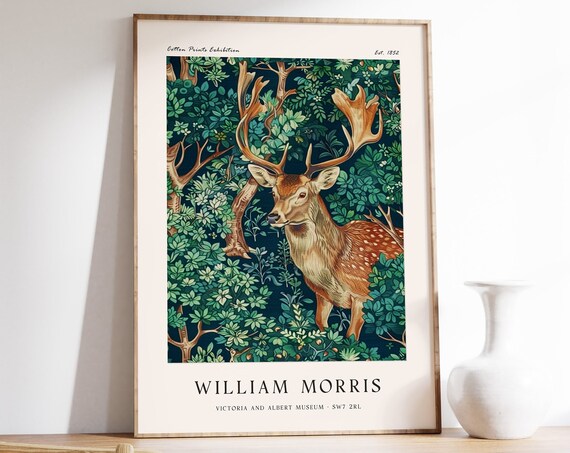 William Morris Stag Deer in Leafy Forest Botanical Vintage Style Poster