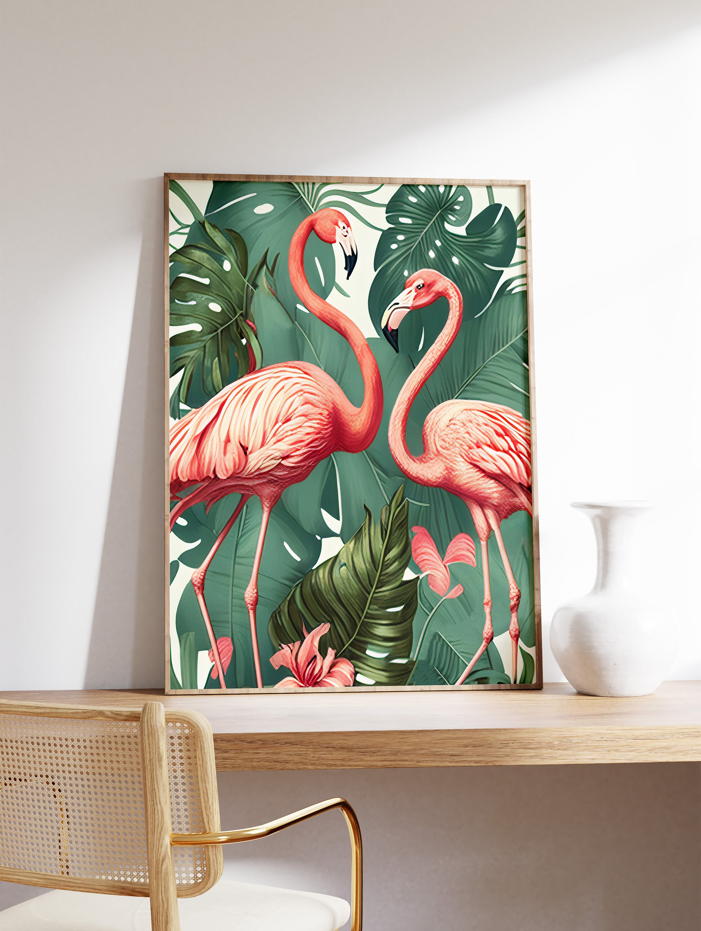 Two Pink Flamingos Tropical Monstera Leaf Botanical Art Print