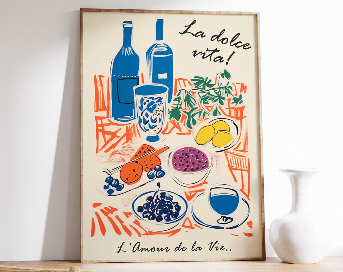 La Dolce Vita Retro Food Poster with Wine Bottles and Dinner Party Art