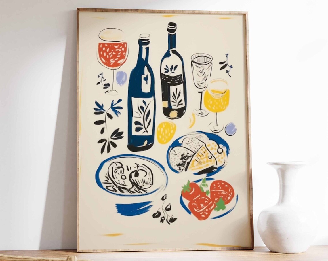 Vintage Wine And Food Poster, Retro Kitchen Decor