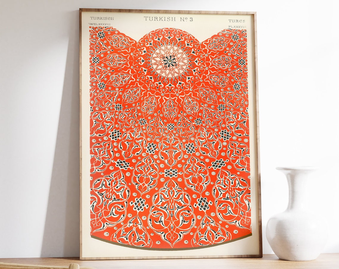 Turkish Ottoman Red Geometric Rug Pattern Decorative Art Poster