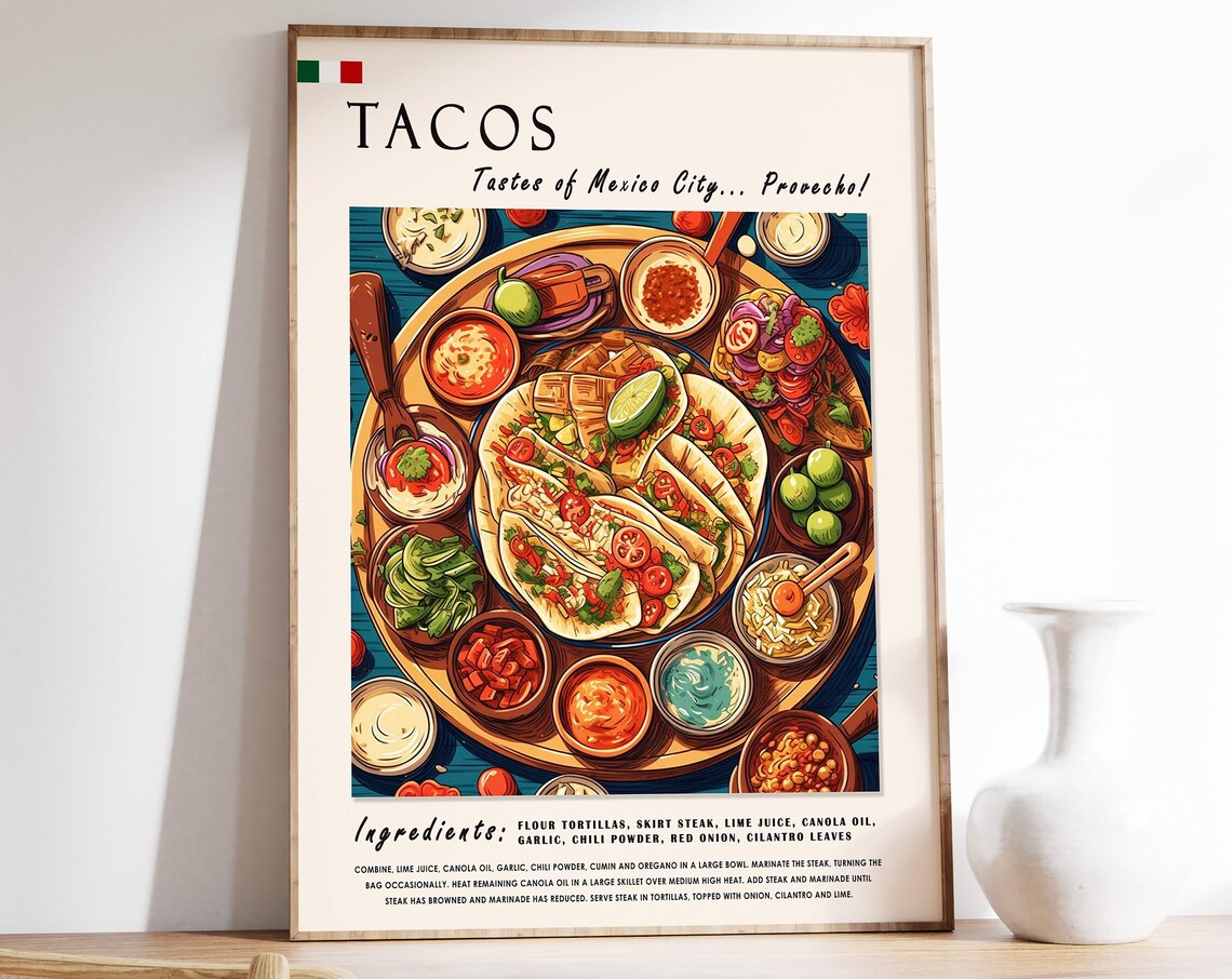Mexican Tacos Retro Food Art Print, Kitchen Decor