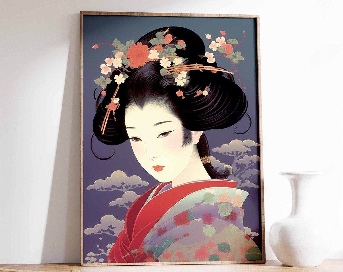 Japanese Geisha Style Portrait Floral Hair Ornament Art Poster