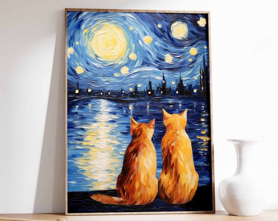 Two Orange Cats Watching Swirling Starry Night Sky Art Poster