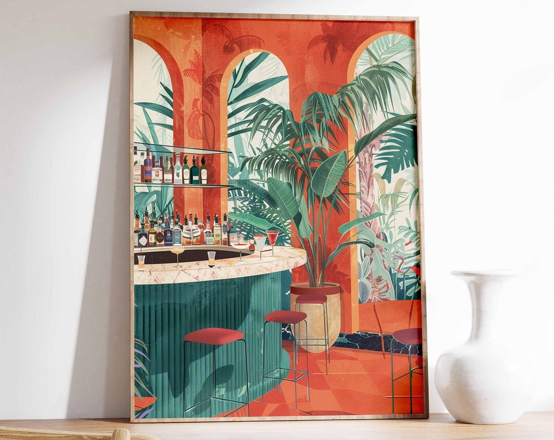 Retro Cocktail Bar Interior Palm Arch Tropical Lounge Art Poster