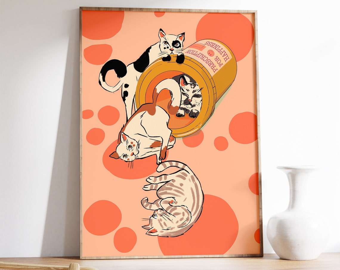 Prescription for Happiness Funny Cats Illustration Art Poster