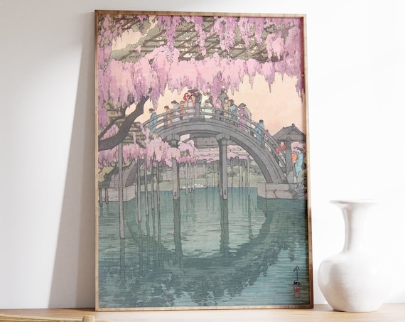 Oriental Japanese Vintage Travel Wall Art Decor Exhibition Poster Print Kameido Bridge By Hiroshi Yoshida Floral Print Asian Art Gift