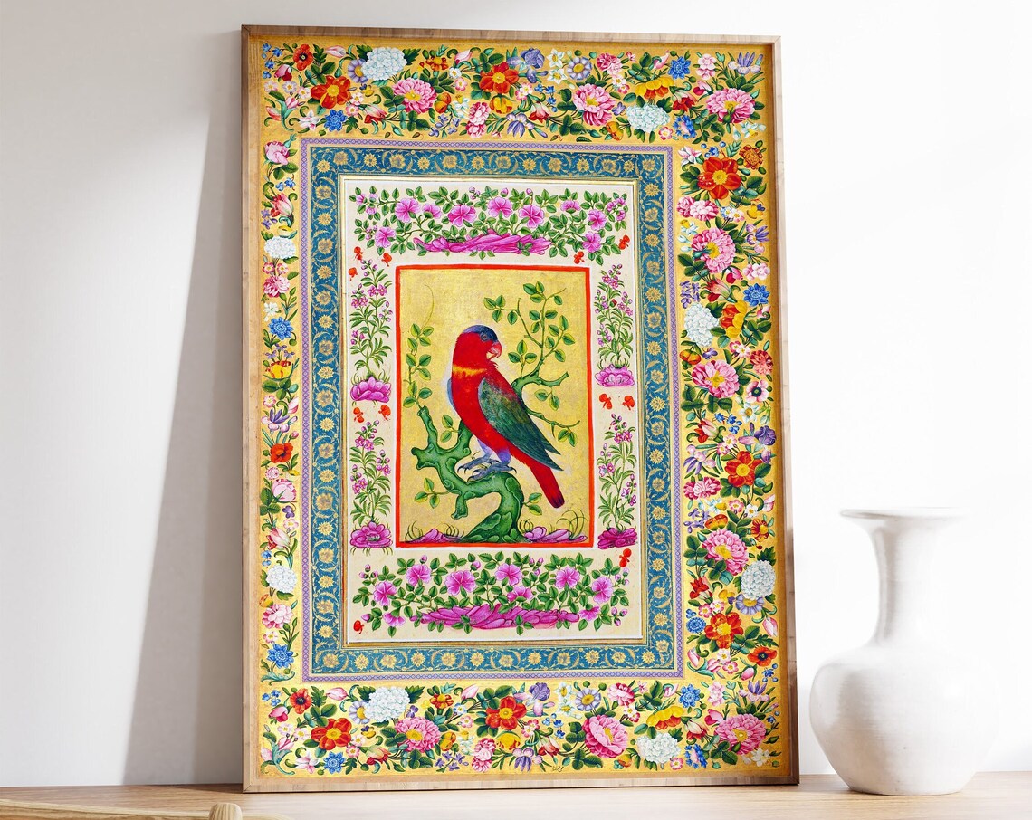 Pichwai Floral Birds Art Print, Vintage Indian Decor