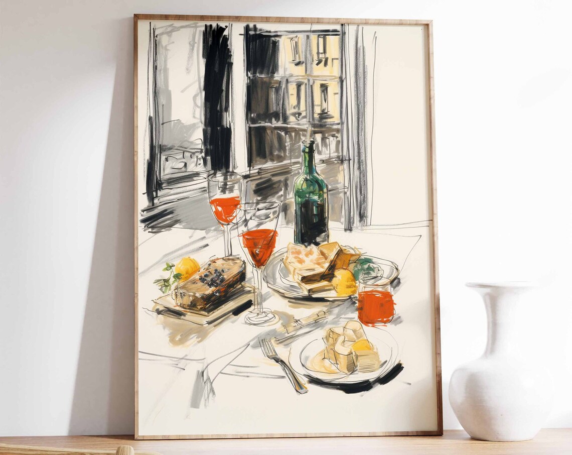 Wine Cheese Still Life Sketch Table Bistro Food Kitchen Art Print