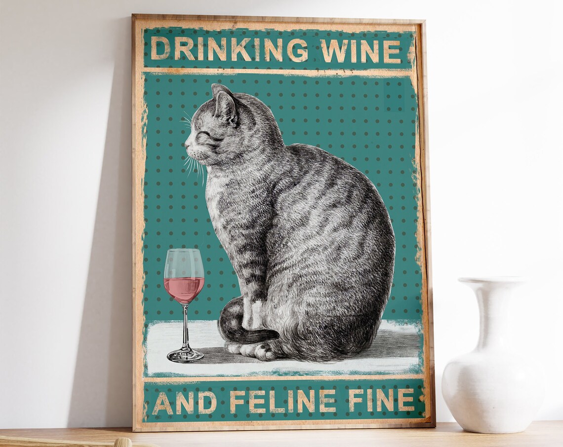 Drinking Wine Cat Funny Cat Art Poster Print