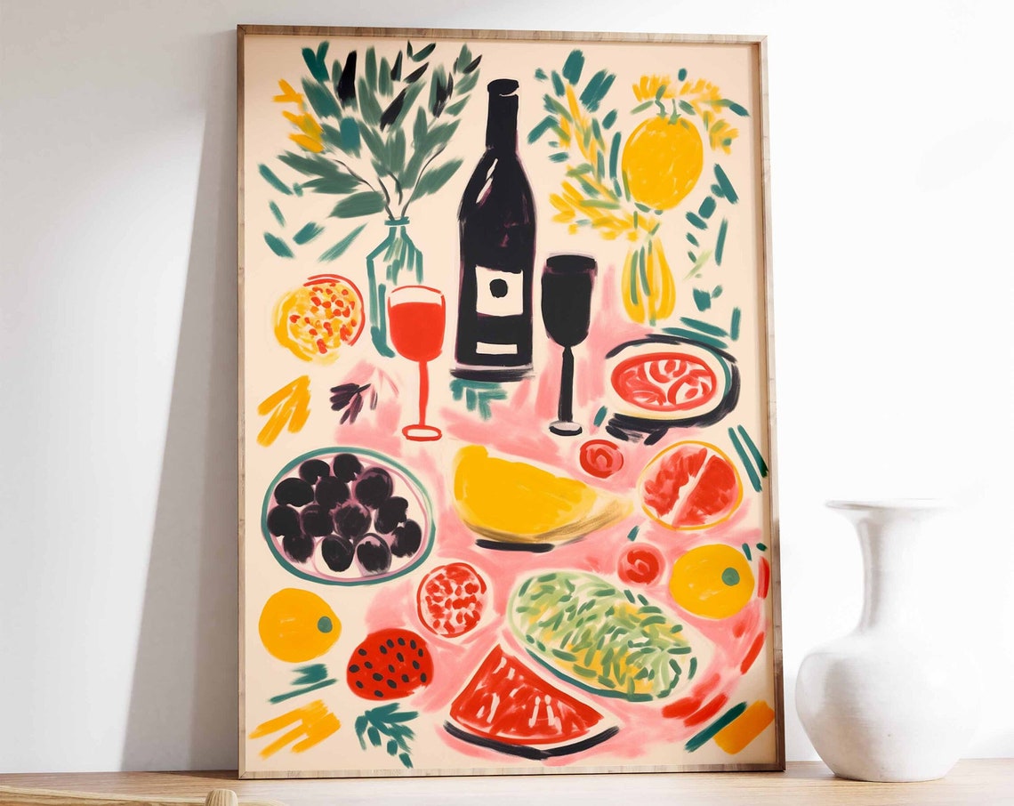 Colorful Dinner Table Food Spread Wine Lemon Painterly Food Poster