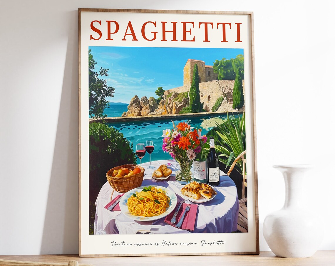 Spaghetti Italian Seaside Dinner Table Vintage Food Beautiful Poster