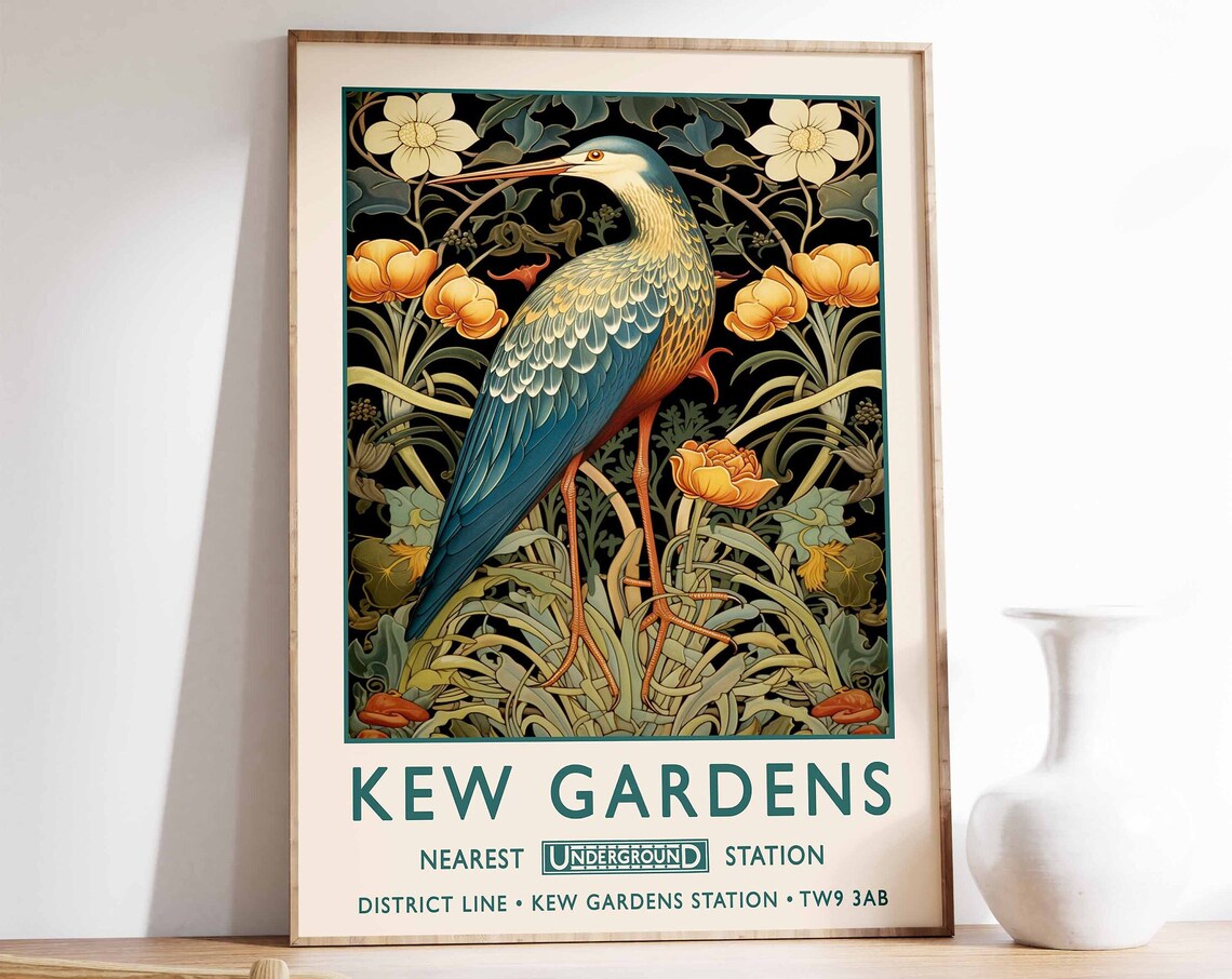 Kew Gardens London Stork William Morris Floral Travel Poster