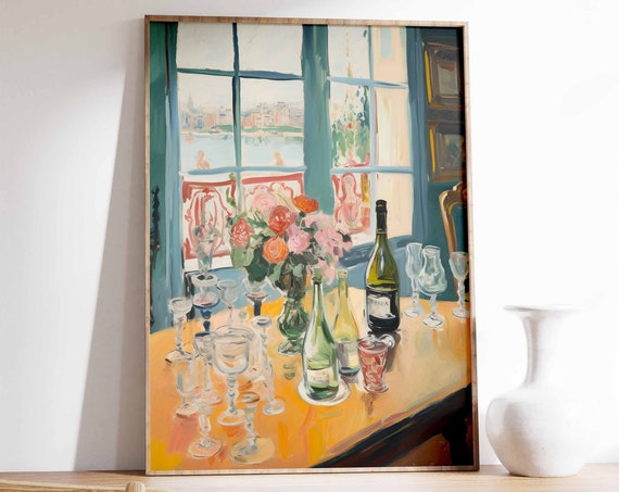 Retro Dinner Party Food Art Print, Vintage Kitchen Poster
