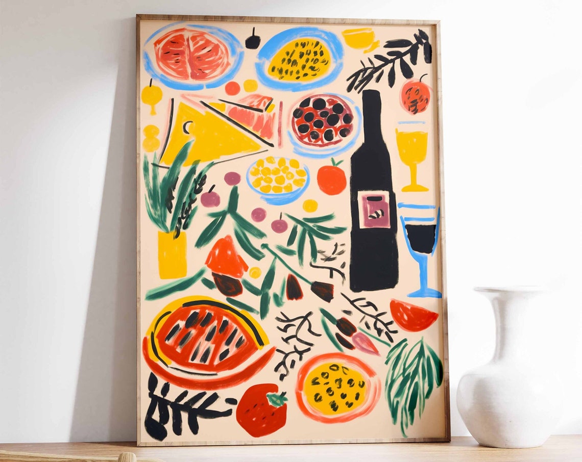 Playful Food Illustration Art Poster Citrus Wine Fruit Kitchen Decor