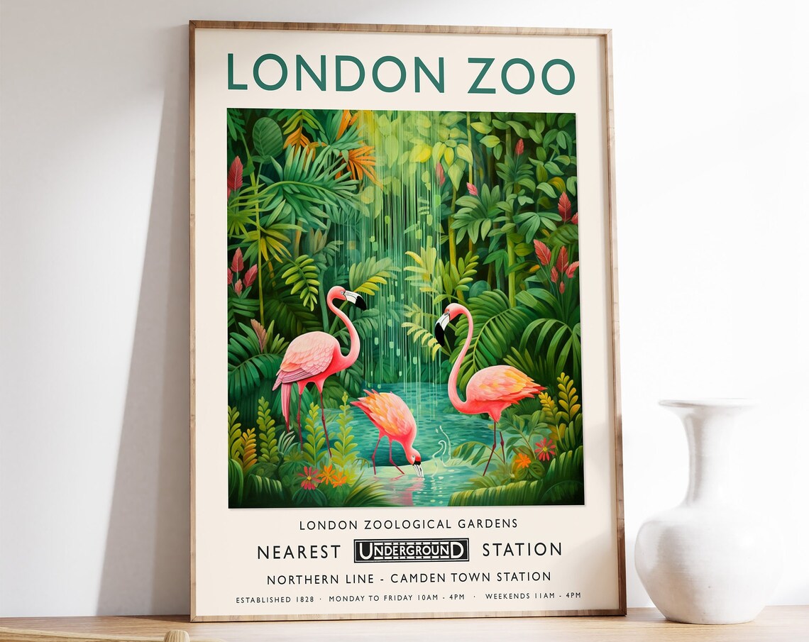 London Zoo Flamingo Art Print, Tropical Jungle Decor