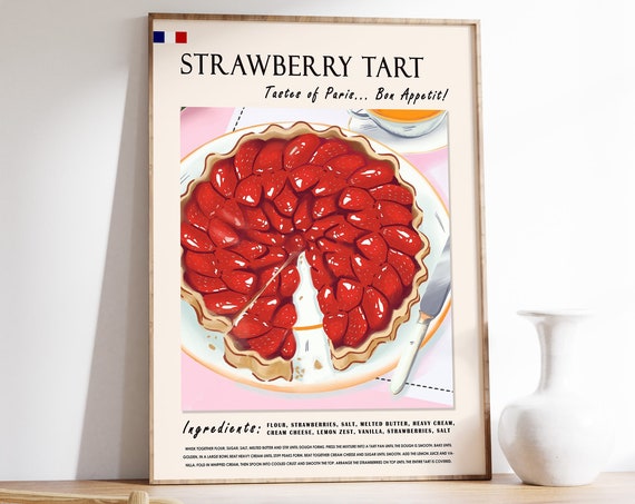 Strawberry Tart Dessert Poster Dessert Art French Art Kitchen Poster Paris Art Paris Poster Retro Print Food Gift A1a2a3a4