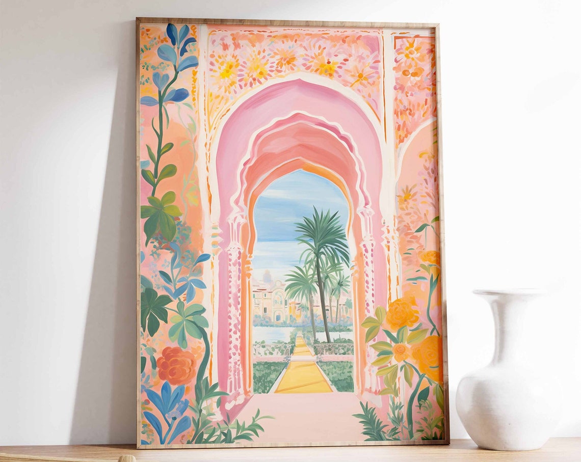 Moroccan Pink Archway Pastel Garden Palm Courtyard Art Poster
