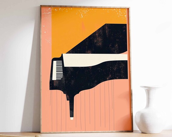 Grand Piano Print Minimalist Music Art Orange Retro Music Gift