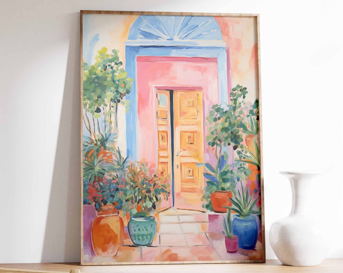 Moroccan Doorway Watercolor Pink Orange Door Mediterranean Art Poster