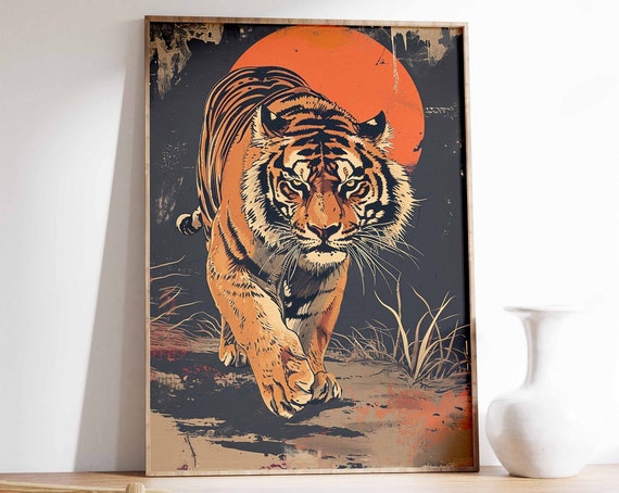 Tiger Print Vintage Tiger Poster Botanical Decor Jungle Art Japanese Tiger Art Indian Tiger Art Tropical Wall Art Vintage Animal Art