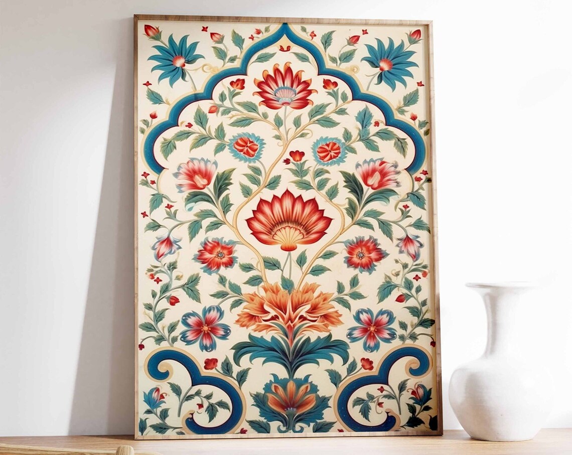 Indian Floral Vintage Botanical Scalloped Arch Mughal Art Print
