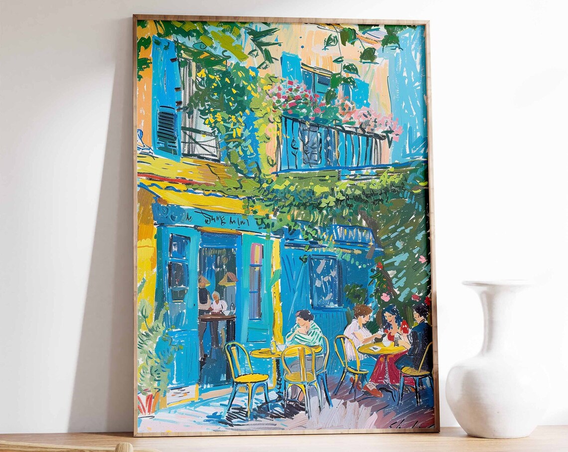 French Street Café Blue Shutters Outdoor Dining Painting Art Poster
