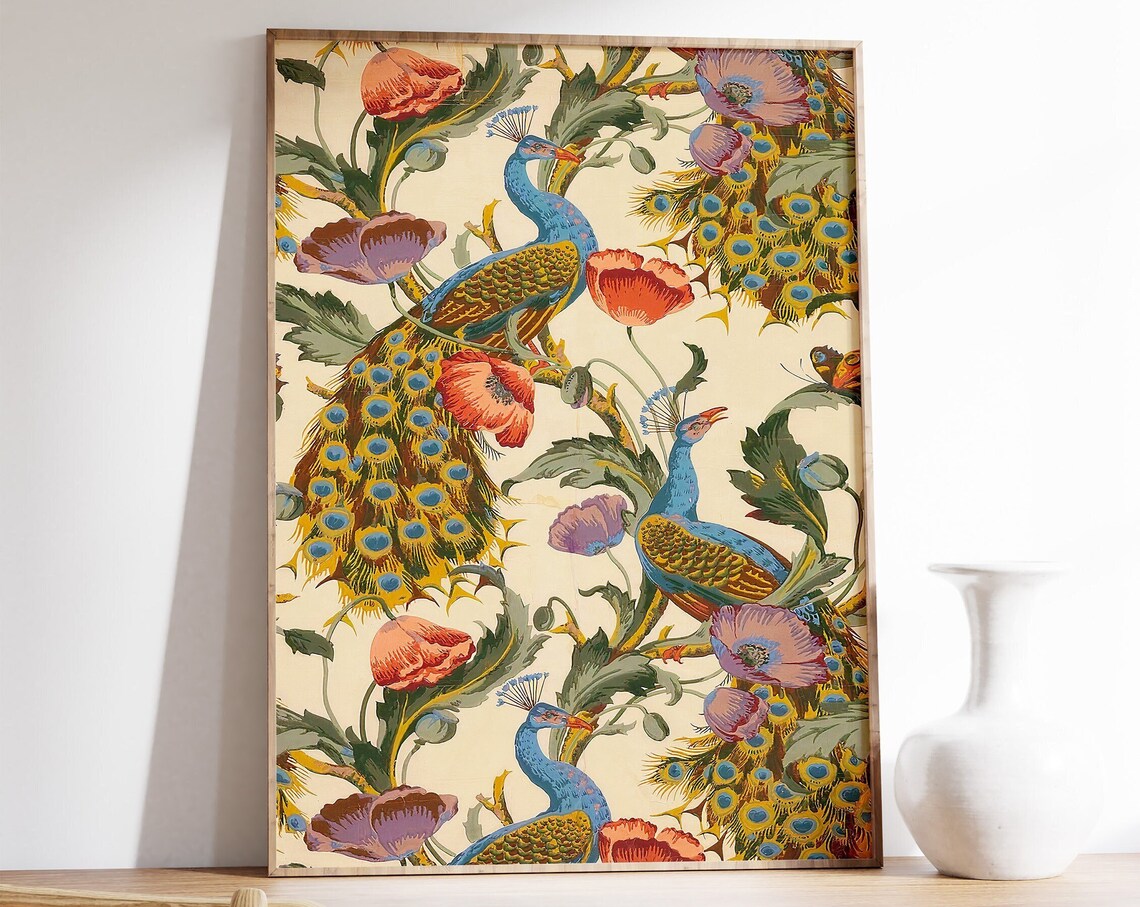 Ornamental Indian Peacock And Poppy Floral Pattern Art Poster