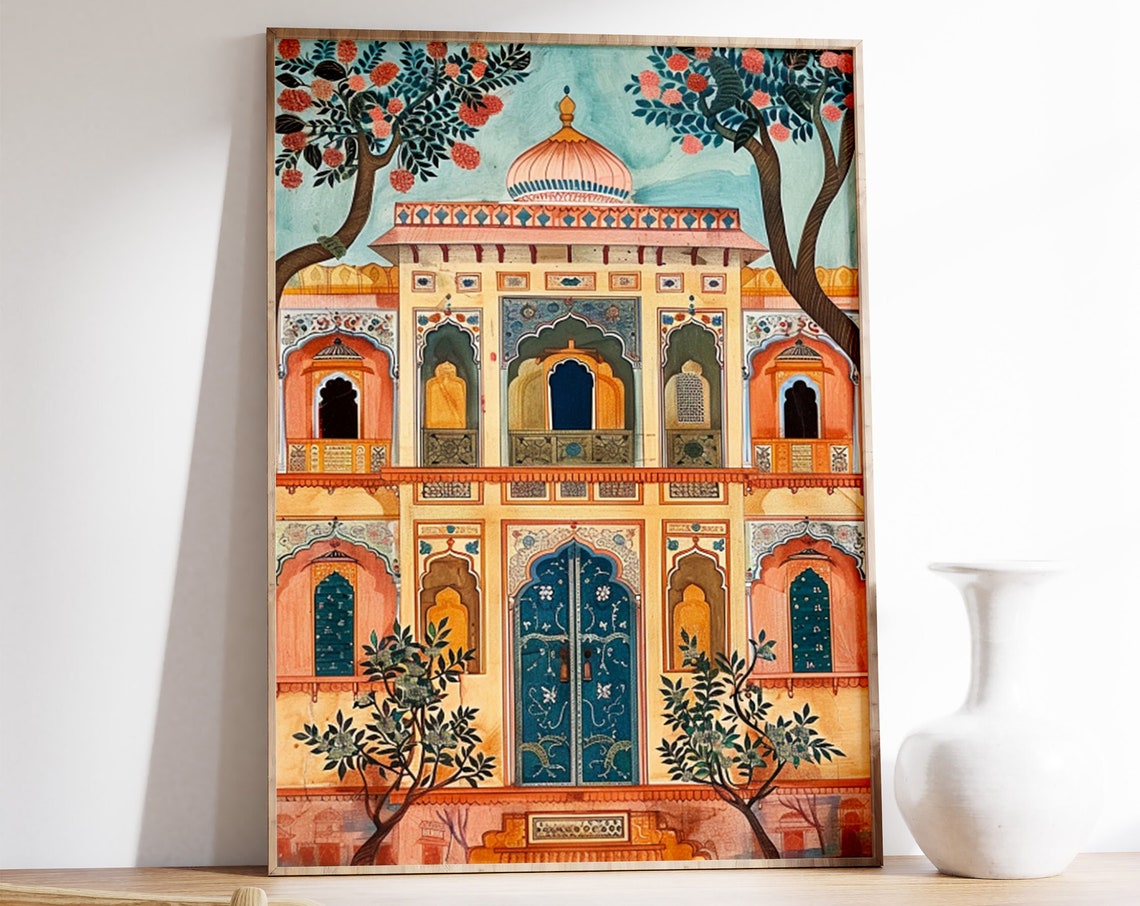 Traditional Indian Palace Watercolor Haveli Architecture Wall Poster