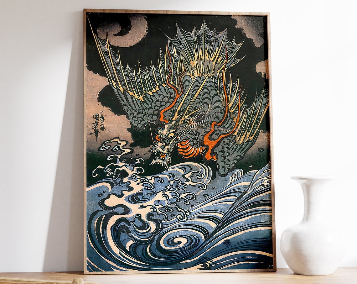 Japanese Dragon Storm Waves Vintage Woodblock Style Art Print