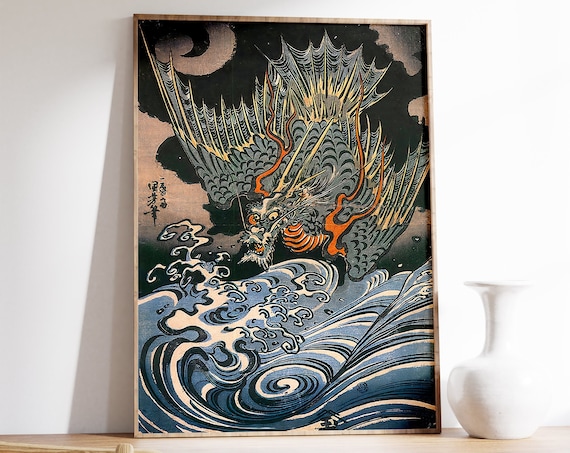 Japanese Dragon Storm Waves Vintage Woodblock Style Art Print