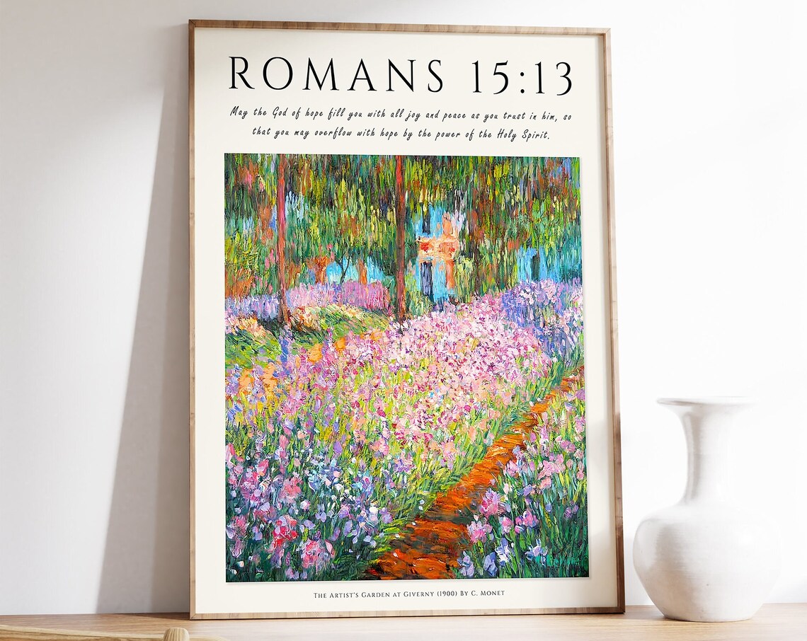 Bible Verse Poster, Monet Garden Christian Art Print