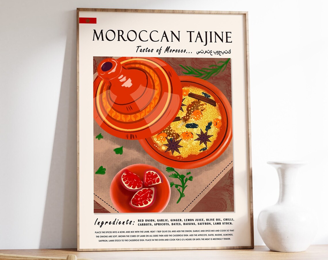 Moroccan Tajine Tastes Of Morocco Illustrated Food Poster With Recipe