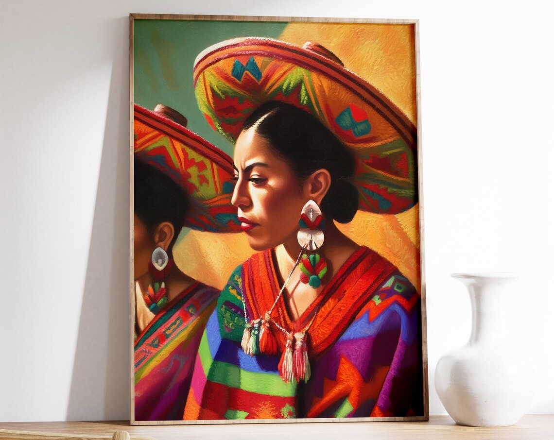 Mexican Folk Portrait Woman Traditional Sombrero Colorful Art Print