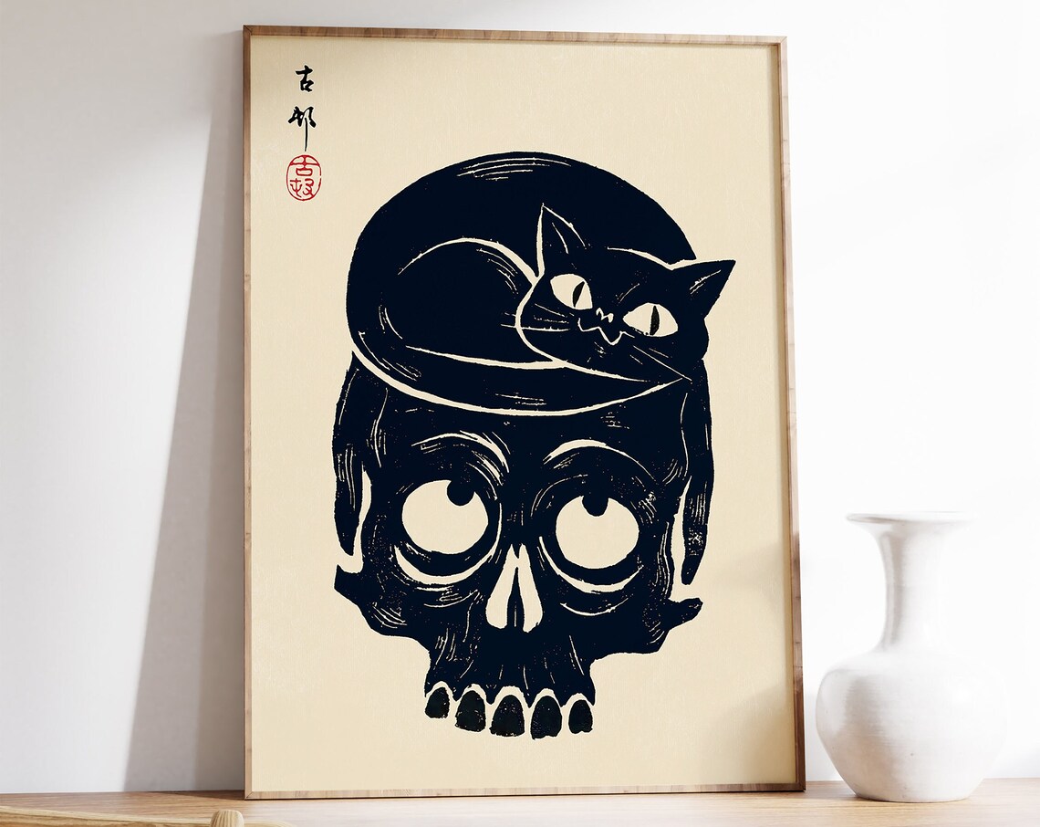 Japanese Cat Art Print, Oriental Animal Wall Art