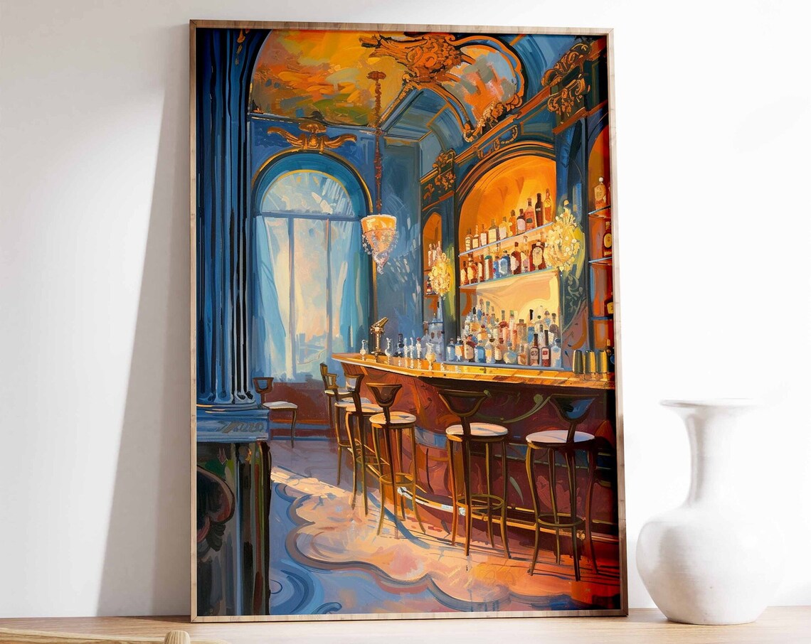 Retro Cocktail Bar Interior Blue Amber Oil Painting Art Poster
